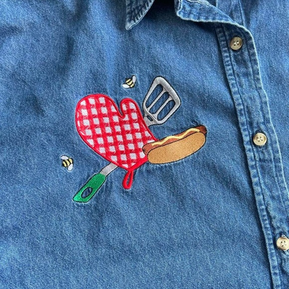 Vintage Mint Julep Denim Embroidered Summer Picnic BBQ Theme Button Down Shirt - Picture 3 of 6